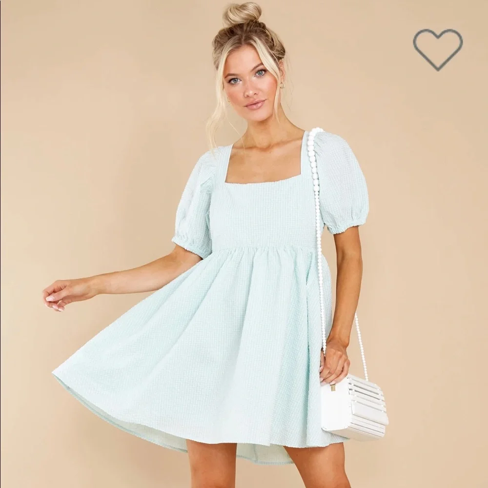 Square Neck Puff Sleeve Mini Dress in Light Mint - Picture 1 of 4